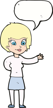 cartoon welcoming woman with speech bubble png