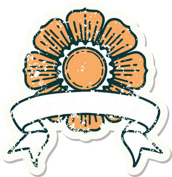 worn old sticker with banner of a flower png