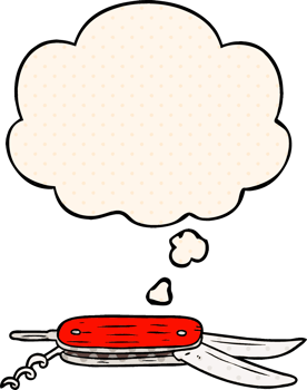 cartoon pocket knife with thought bubble in comic book style png