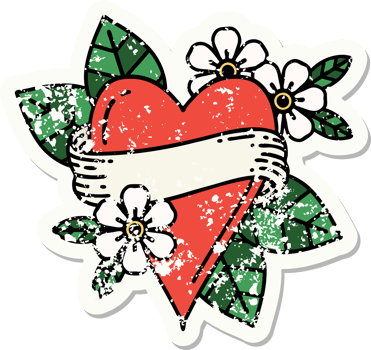 distressed sticker tattoo in traditional style of a heart and banner png