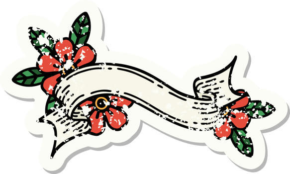 distressed sticker tattoo in traditional style of a banner and flowers png