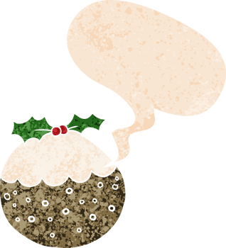 cartoon christmas pudding with speech bubble in grunge distressed retro textured style png