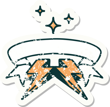 worn old sticker with banner of lighting bolt png