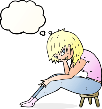 cartoon woman sitting on small stool with thought bubble png
