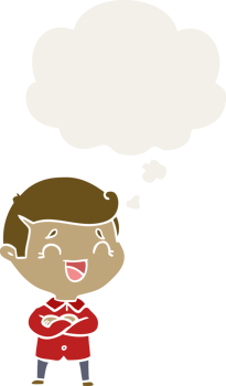 cartoon laughing man with thought bubble in retro style png