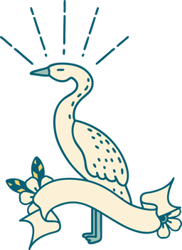 scroll banner with tattoo style standing stork png