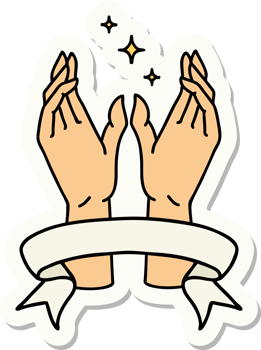 tattoo style sticker with banner of reaching hands png
