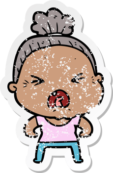 distressed sticker of a cartoon angry old woman png