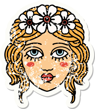 distressed sticker tattoo in traditional style of female face with crown of flowers png