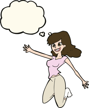cartoon jumping woman with thought bubble png