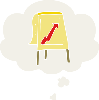 cartoon business chart with arrow with thought bubble in retro style png