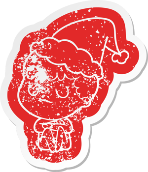 quirky cartoon distressed sticker of a grumpy boy wearing santa hat png
