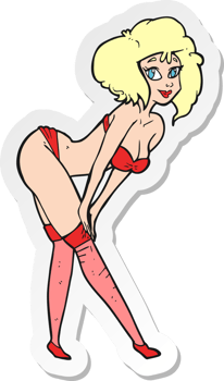 sticker of a cartoon pin up girl putting on stockings png