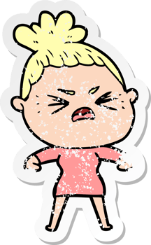 distressed sticker of a cartoon angry woman png