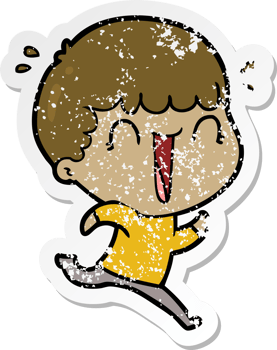 distressed sticker of a laughing cartoon man running png