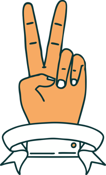 Retro Tattoo Style peace two finger hand gesture with banner png