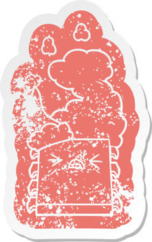 quirky cartoon distressed sticker of a overheating computer chip wearing santa hat png