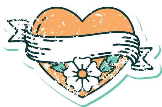 iconic distressed sticker tattoo style image of a heart and banner with flowers png