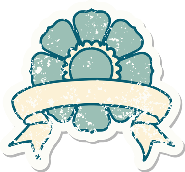 worn old sticker with banner of a flower png