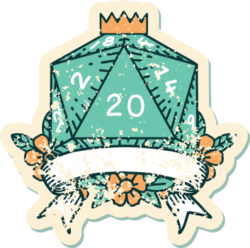 Retro Tattoo Style natural 20 critical hit D20 dice roll png
