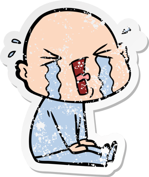 distressed sticker of a cartoon crying bald man png