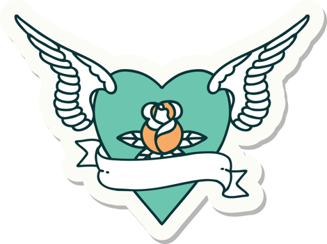 sticker of tattoo in traditional style of heart with wings a rose and banner png
