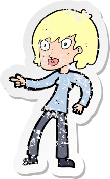 retro distressed sticker of a cartoon woman pointing drawing png