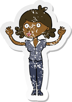 retro distressed sticker of a cartoon woman surrendering png