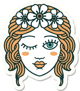 sticker of tattoo in traditional style of a maidens face winking png