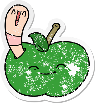 distressed sticker of a cartoon happy worm in an apple png