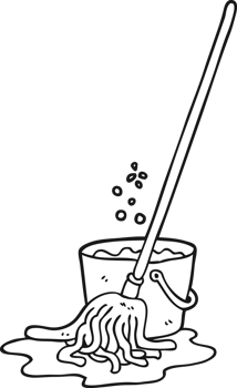 hand drawn black and white cartoon mop and bucket png