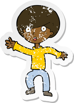 retro distressed sticker of a cartoon panicking boy png