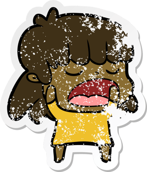 distressed sticker of a cartoon woman talking loudly png