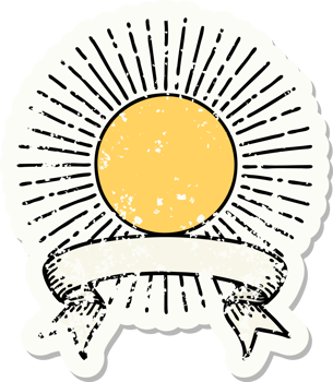 worn old sticker with banner of a sun png