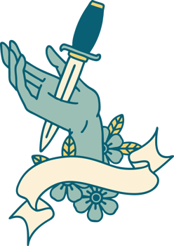 traditional tattoo with banner of a dagger in the hand png