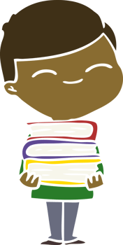 flat color style cartoon smiling boy with stack of books png