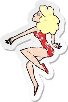 retro distressed sticker of a cartoon dancing woman drawing png