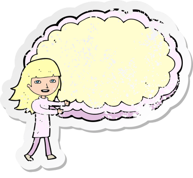 retro distressed sticker of a cartoon girl with cloud text space png