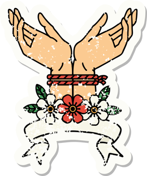 worn old sticker with banner of hands tied png