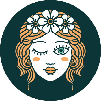 iconic tattoo style image of a maidens face winking png