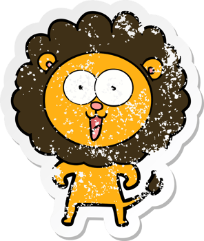 distressed sticker of a happy cartoon lion png