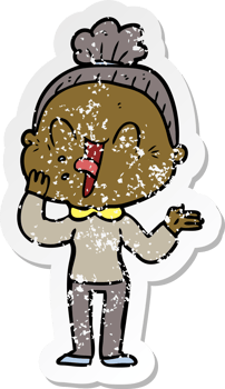 distressed sticker of a cartoon happy old woman png