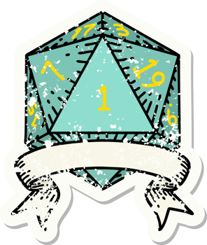 grunge sticker of a natural one d20 dice roll png