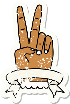 grunge sticker of a peace two finger hand gesture with banner png