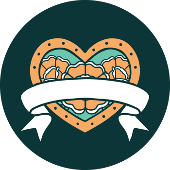 iconic tattoo style image of a heart and banner with flowers png