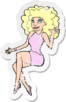 retro distressed sticker of a cartoon sitting woman waving drawing png