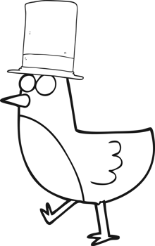 hand drawn black and white cartoon bird wearing hat png