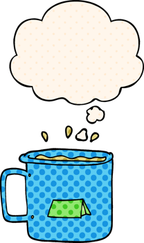 cartoon camping mug with thought bubble in comic book style png