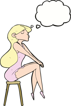 cartoon woman sitting on stool with thought bubble png