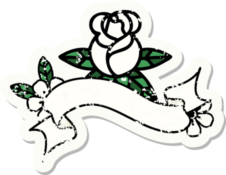 worn old sticker with banner of a single rose png